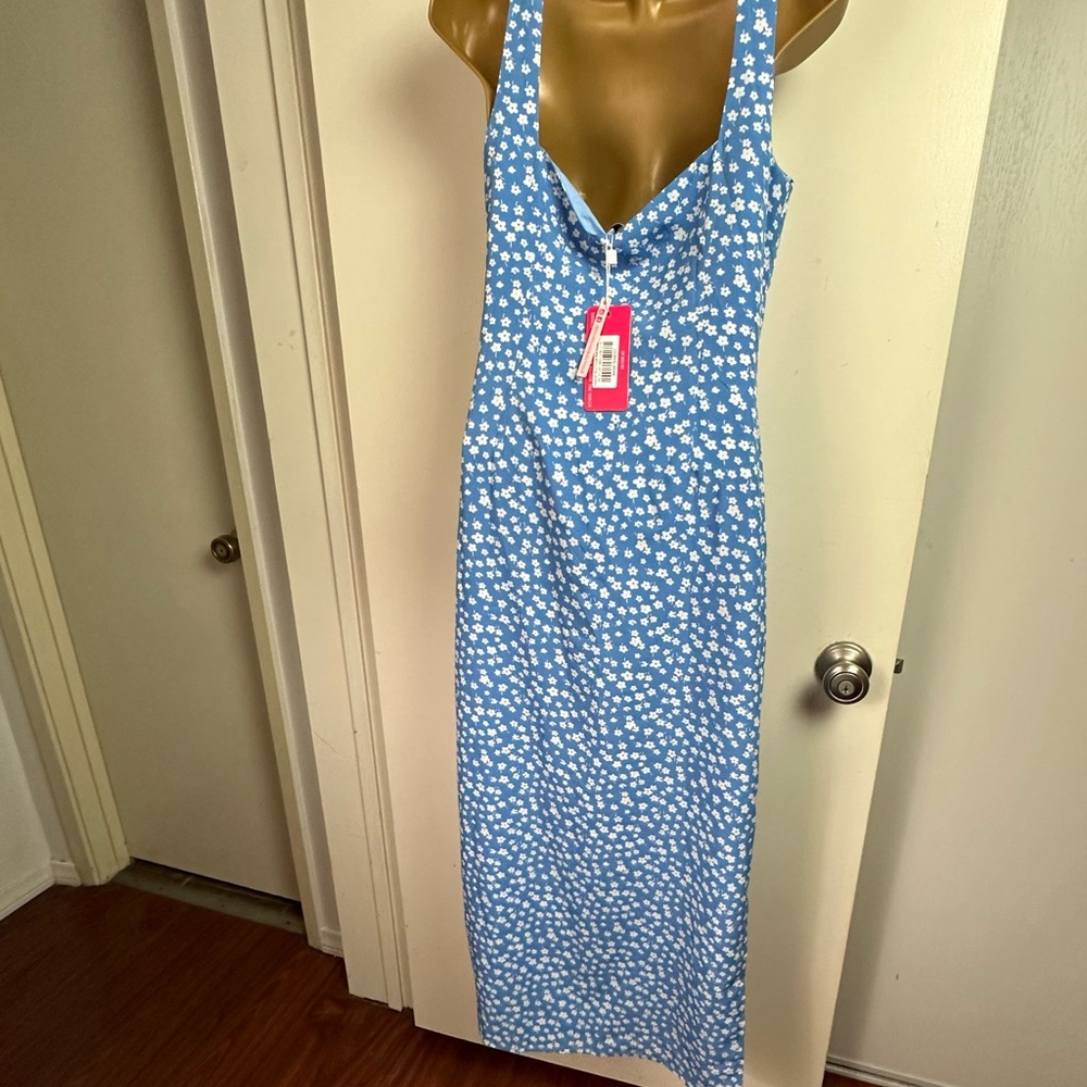 Beginning Boutique Blue & White Floral Nataliah Side Slits Midi Dress NWT Size 6 - Picture 4 of 16